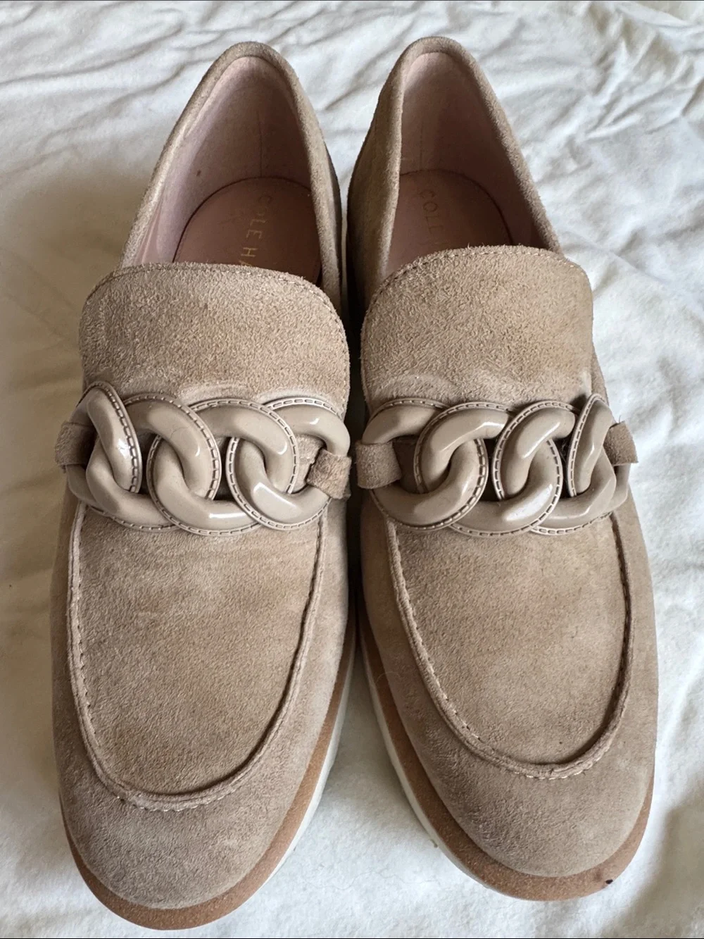 Cole Haan Neutral Taupe Suede Loafers with Glossy Chain